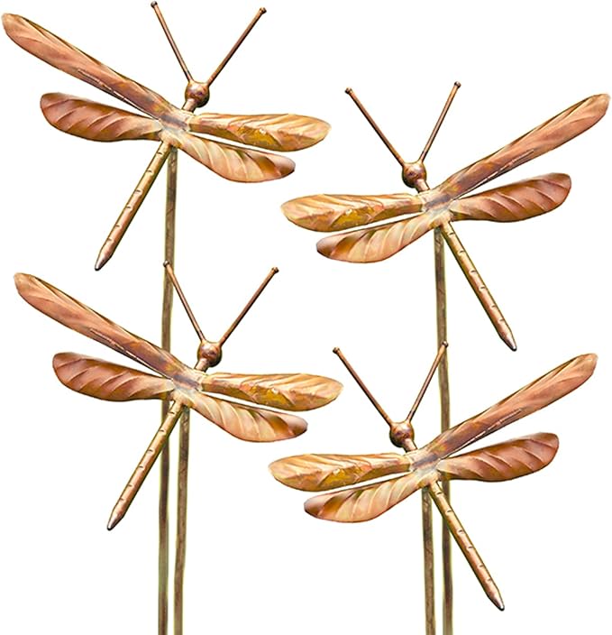 Set of 4 Ancient Graffiti Staked Dragonfly Garden Ornaments, Handcrafted Metal Yard Art with Step-in Stakes, Outdoor Garden Sculptures in Varied Brown Tones, Durable Decorative Lawn Accents