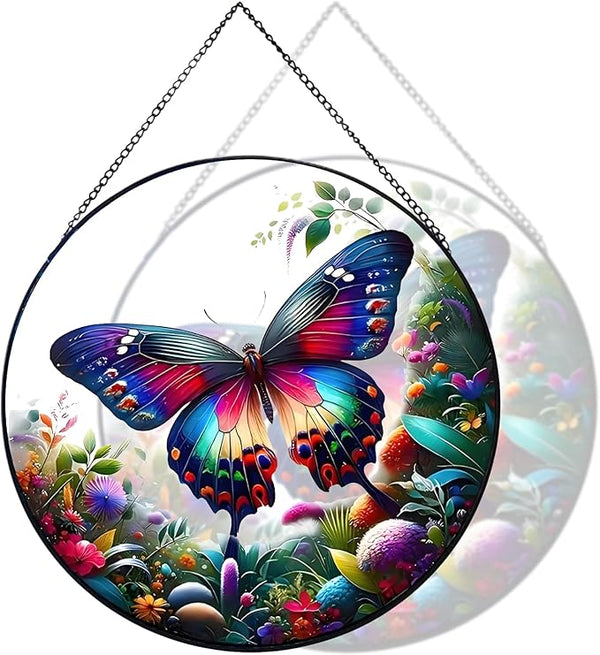RIVEENY Butterfly Stained Glass Window Hangings, 8" Monarch Butterfly Hanging Stained Glass for Windows, Sun Catcher Garden Hangings Christmas Mother's Day, Valentine's Day Ornaments Festival Gift