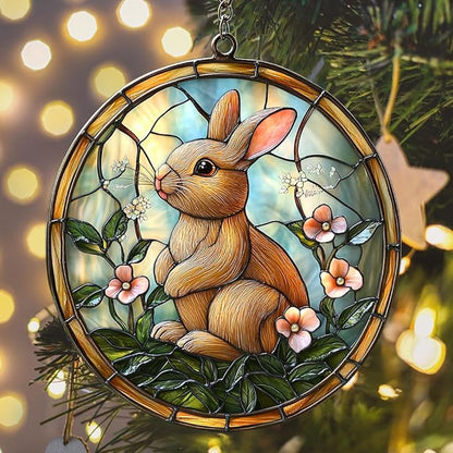 Earthy Tiffany Bunny Floral Art Acrylic Suncatcher Stained Glass Effect Window Car Hanging Christmas Ornament Indoor Outdoor Decor Garden Sun Catcher Panel for Easter Lover for Women Mom Grandma
