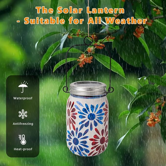 Starsoul 4 Pack Solar Lanterns Outdoor Waterproof, Mosaic Flowers Glass Solar Hanging Outdoor Lights, Decorative Solar Lantern for Outside Pathway Patio Porch Yard Decor
