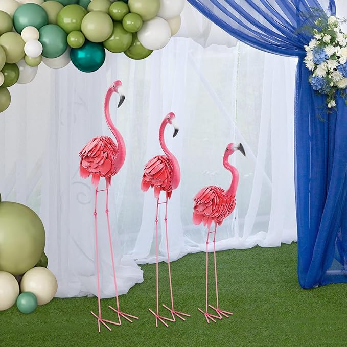 3Pcs Flamingo Outdoor Statues, Metal Flamingo Decorative Garden Sculpture with Stable Base Plate Standing Garden Statues for Home Patio Yard Display, 35", 42", 47" H, Pink