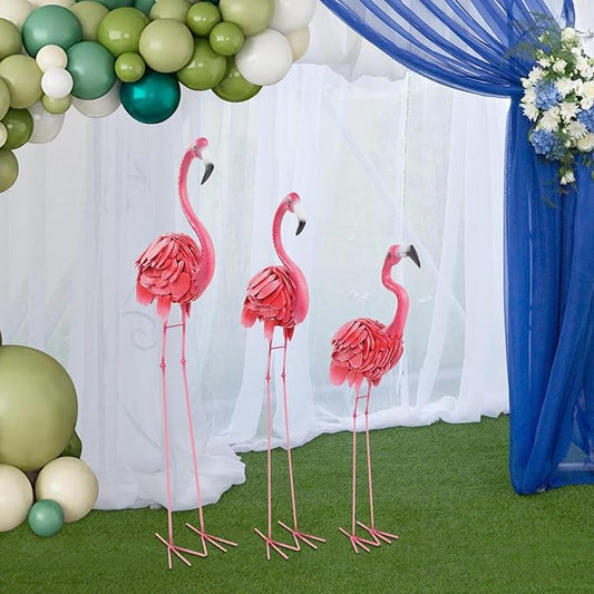 3Pcs Flamingo Outdoor Statues, Metal Flamingo Decorative Garden Sculpture with Stable Base Plate Standing Garden Statues for Home Patio Yard Display, 35", 42", 47" H, Pink
