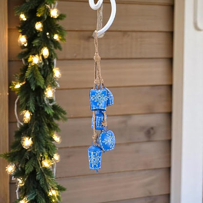 Hand-Painted Christmas Bell Wind Chime 25”– 5 Hanging Metal Witch Cow Bells Floral Design – Outdoor & Indoor Rustic Decor for Garden, Patio, Porch, Balcony, Entryway, Farmhouse,Gift (Sky Blue)