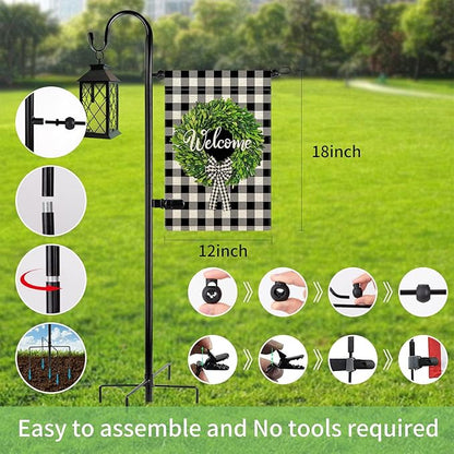 Garden Flag Holder Stand and Shepherds Hooks, 48 Inch Height with 1/2 Thick Metal Pole-Outdoor Lawn Yard Stake for Small 12x18, Solar Lights-Mini (1), Black (GFSH-X1)