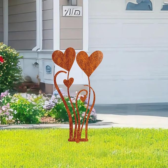 Decorative Garden Stakes, Welcome Yard Sign, Metal Arrangement Ornaments for Courtyard Lawn, Rusty Outdoor Decortions for Easter Housewarming (E)