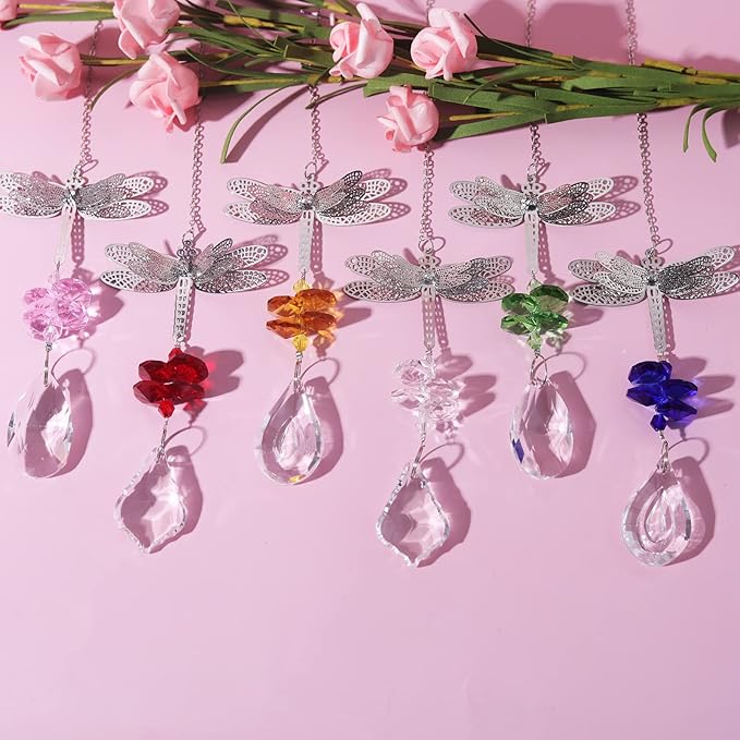 Dragonfly Crystal Prisms Bead Hanging Crystal for Windows Garden Wedding Christams Decor Rainbow Maker Mirror, Set of 6