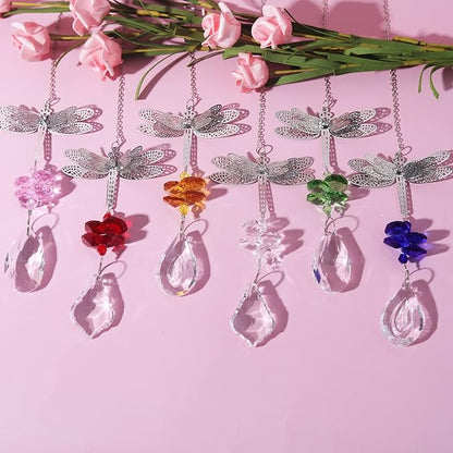 Dragonfly Crystal Prisms Bead Hanging Crystal for Windows Garden Wedding Christams Decor Rainbow Maker Mirror, Set of 6