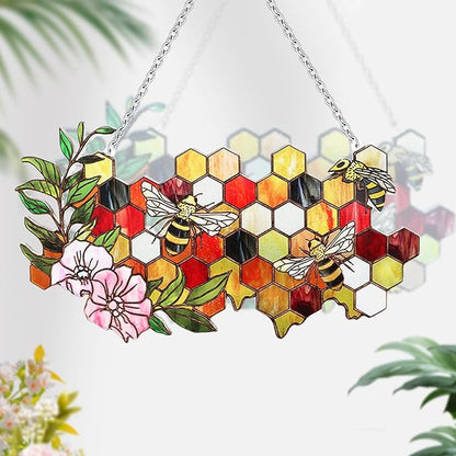 Stained Glass Suncatchers for Windows, Enlarged Stained Glass Window Hanging with Metal Chain, Garden Suncatchers for Home Decor, Garden, Patio, Gift for Nature and Bee Lovers