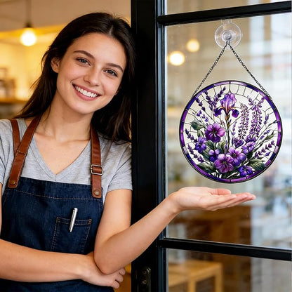 Lavender Flower Suncatchers Stained Glass Window Hanging, Flower Sun Catchers Indoor Window Glass Round Wall Decor, Christmas, Mother's Day, Birthday Gifts for Mom Grandma Women Wife Lovers