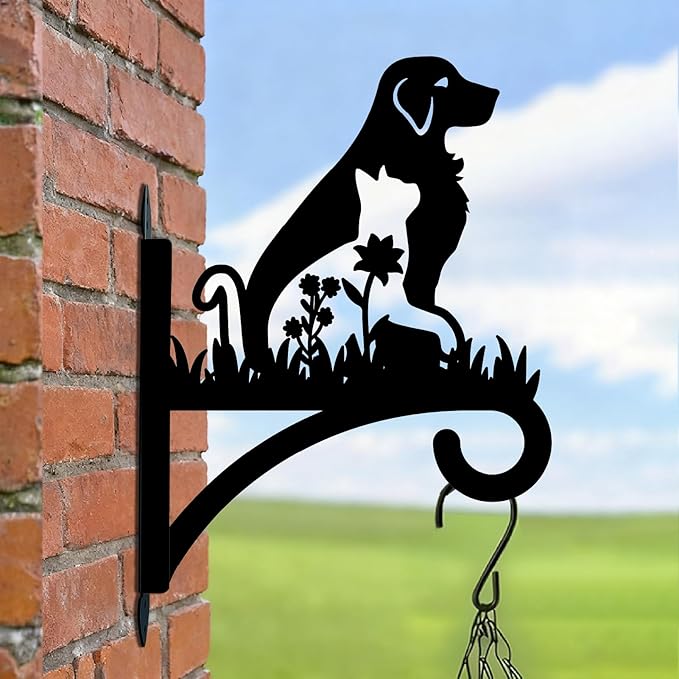Dog Plant Hanger Bracket Iron Plant Brackets 10.6 x 13.9 Inch Black Flower Cat Dog Silhouette Indoor Outdoor Decorative Basket Wall Mounted Hanging Hooks for Porch Garden Wind Chime Lantern
