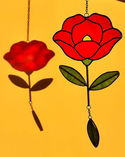 Stained Glass Window Hangings, Handcrafted Garden Suncatchers for Window and Home Decor, Unique Artisan Glass Ornaments for Indoor and Outdoor Use (B-Red)