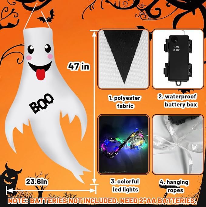 Halloween Decorations Outdoor Indoor, 2 Pack Light Up Ghost Decorations with LED Lights, Hanging Ghost Halloween Decor for Yard Porch Garden Lawn Party (1A-2Pack)