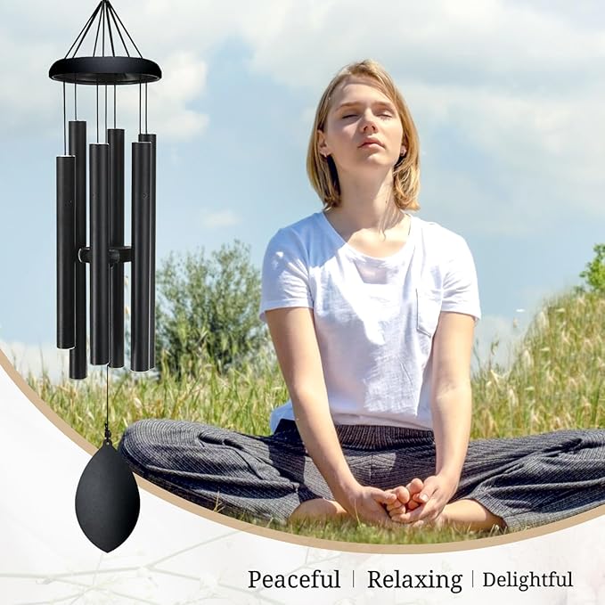 Wind Chimes for Outside Deep Tone, 30 Inch Memorial Wind Chimes with 6 Tuned Aluminum Tubes, Black Garden Decor for Sympathy Gift, Mother’s Day, Patio, Porch with S Hook & Greeting Card