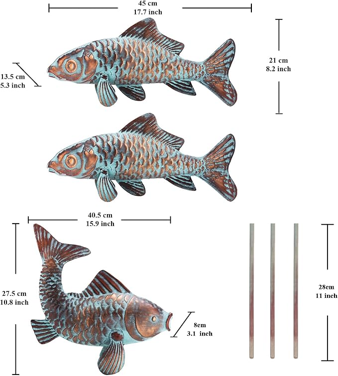 Outdoor Garden Statues Koi Fish Decor,Antique Copper Garden Sculptures & Statues for Outside,Patio,Backyard,Pond,Home,Decorations,Metal Yard Art Fish Stakes,Gifts for Mom Grandma,Set of 3