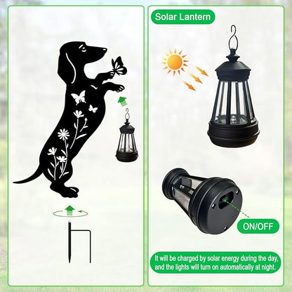 Solar Lights Outdoor Pathway,2 Pack Metal Dachshund Yard Decor with Solar Lantern Garden Stakes,Outside Decorations for Yard,Lawn,Patio,Perfect Dog Gifts for Women