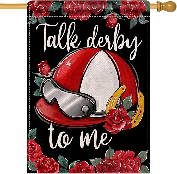 Artofy Kentucky Helmet Large Decorative House Flag, Talk Derby To Me Roses Churchill Downs Yard Garden Outside Decor, Horse Racing Horseshoe Burlap Outdoor Home Decoration Double Sided 28 x 40
