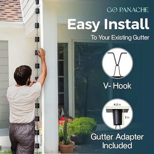 8.5 FT Rain Chain with 12 Aluminum Cups | Durable Rain Chains for Gutters - Easy Install, Rust-Proof Rain Catcher Chains for Outside with Included Gutter Adapter, Unique & Artistic Design