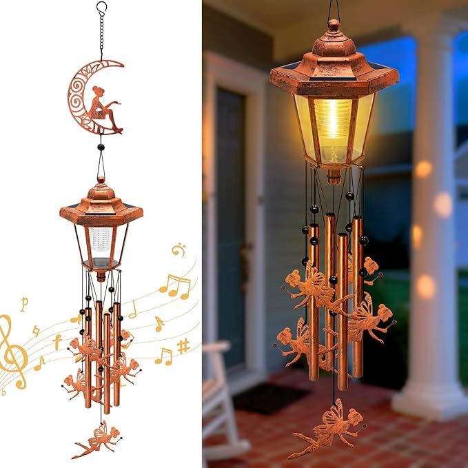 Large Solar Moon Fairy Wind Chimes with Wind Catcher/Solar Decor Light to Create a Zen Atmosphere Decor for Outdoor Garden Balcony, Classic Bronze Wind Chimes Gifts for Mom Grandma Women Wife Daughter
