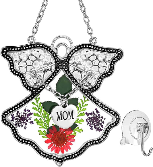 KY&BOSAM Angel Suncatcher Mom Stained Glass Suncatcehesr for Windows Hangings Wind Chime with Pressed Drived Real Flower and Metal Charm Gifts for Mom Mothers Day Valentine's Birthday Christmas Decor