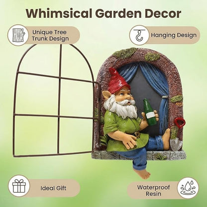 Spring 2026 Garden Gnome Window Statue for Trees and Wall, Drinking Dwarf Fairy Miniature Accessories, Patio Art Sculpture Decor for Lawn Yard