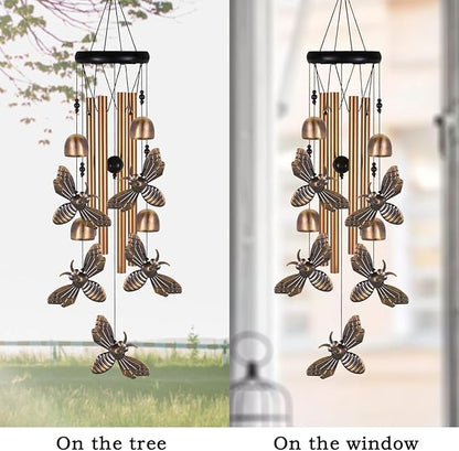 Bronze Bee Wind Chime, Gifts for Mom, Home, Garden, Balconies, Room, Patio, Indoor, Outdoor Bee Decoration, Bee Chimes, with 4 Aluminum Tubes 5 Bees Wind Chimes, Bee Wind Catcher, Bee Wind Bells Decor