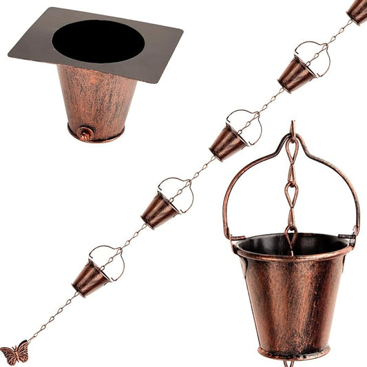 8.66 Ft Gutter Rain Chain, Metal Collector Rain Chain for Eaves Drainage, 16 Cup Small Bucket Metal Decorative Gutter Rain Chain, Outdoor Decorative Rain Chain (Brown)