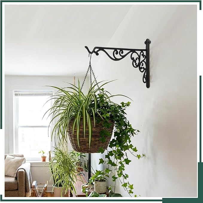 Landhoow 2 Pcs 15.6" Large Cast Iron Hanging Outdoor Wall Hanger Black Heavy Duty Basket Hook Braces Vintage Decorative Shelf Garden Planter Flower Hook for Pot Lantern Wind Chime Hummingbird Feeder