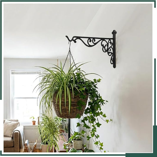 Landhoow 2 Pcs 15.6" Large Cast Iron Hanging Outdoor Wall Hanger Black Heavy Duty Basket Hook Braces Vintage Decorative Shelf Garden Planter Flower Hook for Pot Lantern Wind Chime Hummingbird Feeder