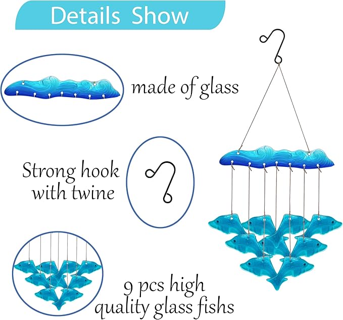 Sea Glass Dolphin Fish Wind Chimes for Outside, Windchimes Outdoors Unique, Patio Beach Outdoor Home Garden Decor, Windchimes Outdoors, Memorial Garden Christmas Decoration Gifts