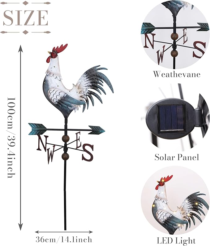 TERESA'S COLLECTIONS Garden Decor with Solar Outdoor Lights, White Rooster Yard Art Sign for Outside, 39.4'' Metal Weathervane Decorative Garden Stake for Outdoor Decor, Lawn, Gifts for Fathers Day