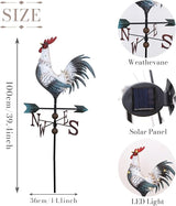 TERESA'S COLLECTIONS Garden Decor with Solar Outdoor Lights, White Rooster Yard Art Sign for Outside, 39.4'' Metal Weathervane Decorative Garden Stake for Outdoor Decor, Lawn, Gifts for Fathers Day