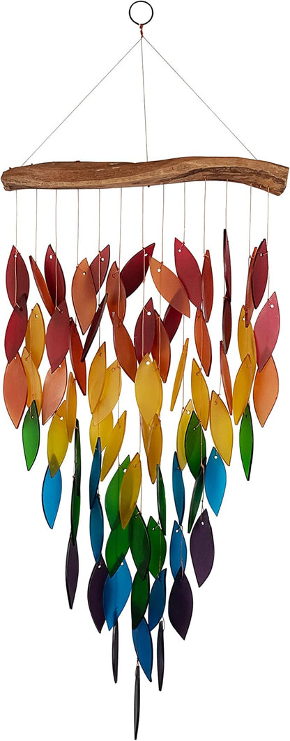 Blue Handworks Deluxe Rainbow Waterfall & Driftwood Chime, Sandblasted Glass and Found Wood Handcrafted Wind Chime