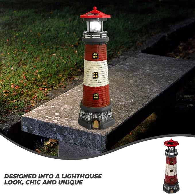 Solar Rotating Lighthouse Outdoor Lantern Garden Decor Resin Street Light - Red