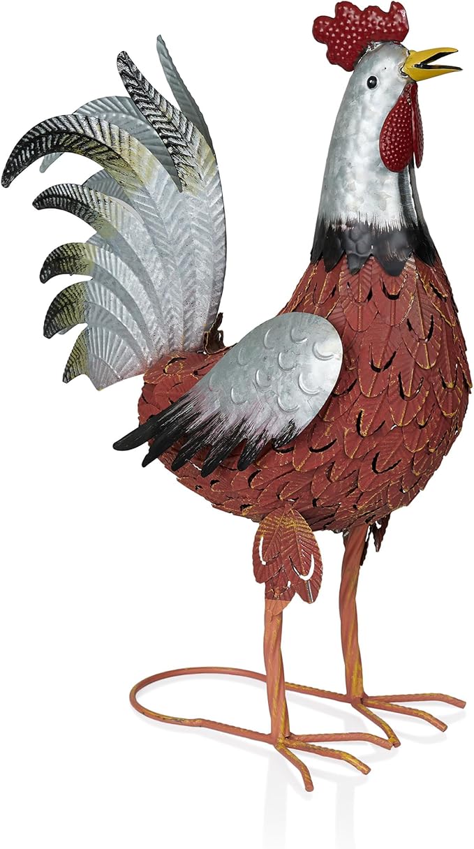 Alpine Corporation JUM388 Metal Outdoor Rooster Decor Statue, Animal Décor for Patio, Lawn & Garden, 20"H, Silver and Rust