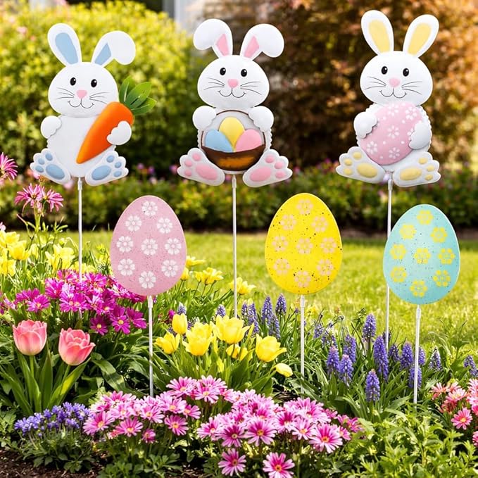Easter Garden Stakes Outdoor Decorations, 3D Sculptures, Metal Bunny & Egg Yard Art Set of 6, Durable Weather-Resistant Design, Spring Lawn Decorations for Yard Patio Porch,Rabbit Easter Outdoor Decor