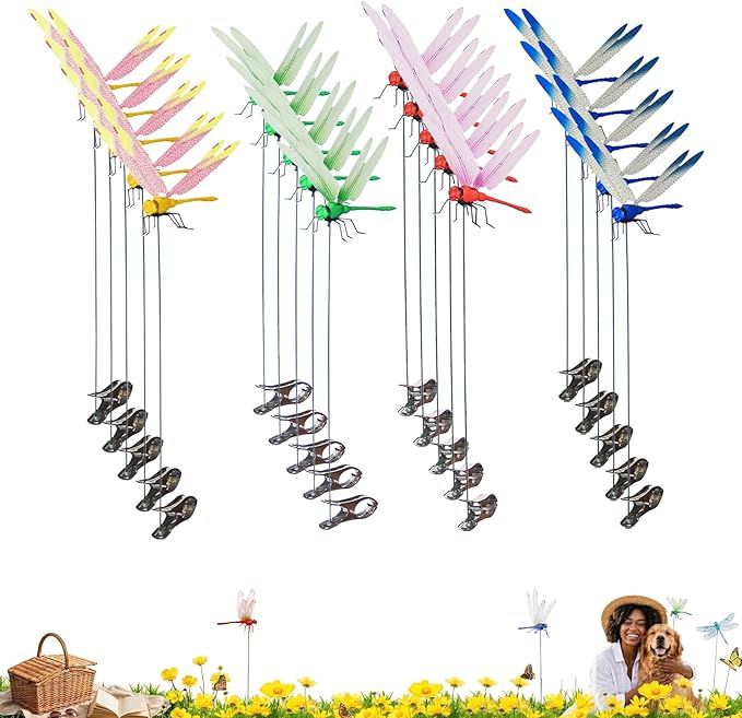 Jongdari 20pcs Dragonfly Hat Clip Realistic Fake Dragonflies Clip-On Garden Outdoor Decor Stakes Plastic Dragon Fly Clips Plant Decorations for Pot
