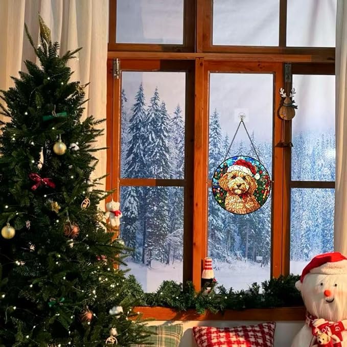 Stained Glass Window Hanging - 6.3 Inches Christmas Tree and A Dog Wearing a Xmas Hat Suncatcher for Garden Home Decor for Women Mon Grandma Friends