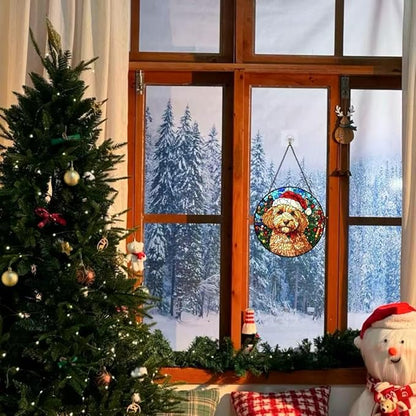 Stained Glass Window Hanging - 6.3 Inches Christmas Tree and A Dog Wearing a Xmas Hat Suncatcher for Garden Home Decor for Women Mon Grandma Friends