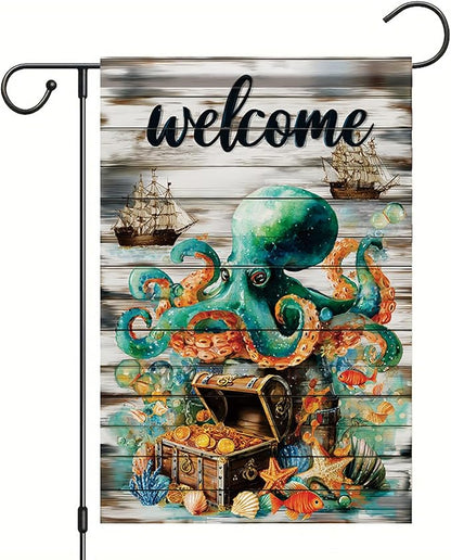 Spring Summer Garden Flag 12x18 Inch Nautical Octopus Treasure Chest Welcome Ocean Sea Pirate Ship Design Outdoor Yard Porch Lawn for Seasonal Coastal Home Decor