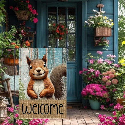 Spring Summer Garden Flag Welcome Garden Flags 12x18 inch Double Sided Small Burlap Squirrel Decor Yard Lawn Outdoor Home Decoratio