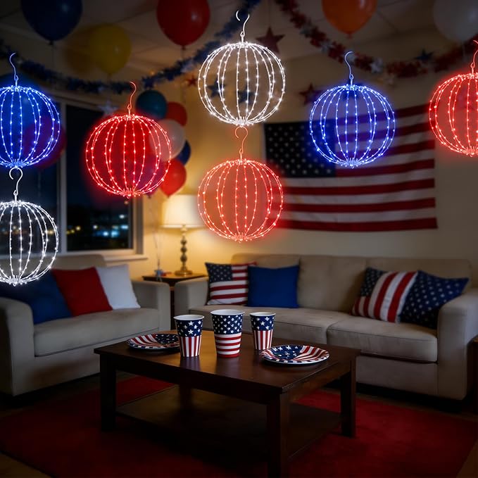 12 Inch 3PK Patriotic Light Ball, Red White Blue Foldable Metal Sphere Lights with 180 LED 16 Modes & Timer, Hanging Globe Lights for 4th of July, Memorial Day & Independence Day Outdoor Holiday Decor