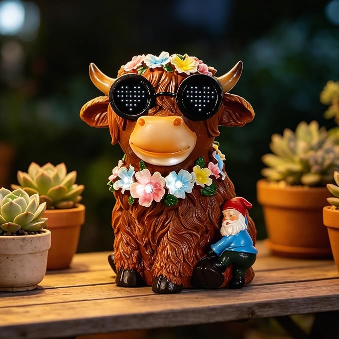 Solar Garden Statues Highland Cattle with Flower and LED Lights Birthday Gifts for Women Mom Grandma Solar Outdoor Decor for Patio Backyard Yard Lawn Decoration-Unique Housewarming Gifts
