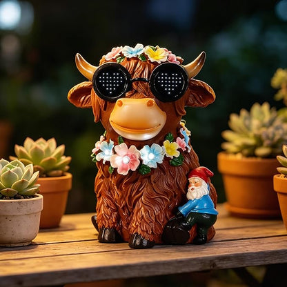 Solar Garden Statues Highland Cattle with Flower and LED Lights Birthday Gifts for Women Mom Grandma Solar Outdoor Decor for Patio Backyard Yard Lawn Decoration-Unique Housewarming Gifts