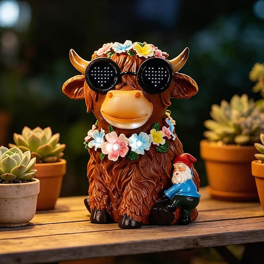 Solar Garden Statues Highland Cattle with Flower and LED Lights Birthday Gifts for Women Mom Grandma Solar Outdoor Decor for Patio Backyard Yard Lawn Decoration-Unique Housewarming Gifts