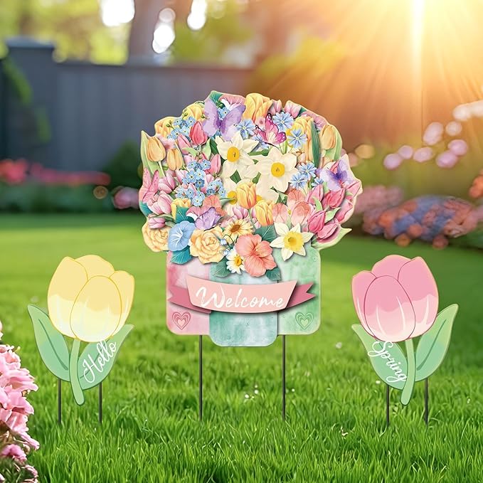 3Pcs Hello Spring Welcome Flower Yard Stakes Metal Floral Outdoor Decor, 2-in-1 Decorative Tulip Flower Sign for Garden Patio Yard Wall Hanging Floral Ornaments with Rope Rustic Spring Decor