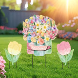 3Pcs Hello Spring Welcome Flower Yard Stakes Metal Floral Outdoor Decor, 2-in-1 Decorative Tulip Flower Sign for Garden Patio Yard Wall Hanging Floral Ornaments with Rope Rustic Spring Decor