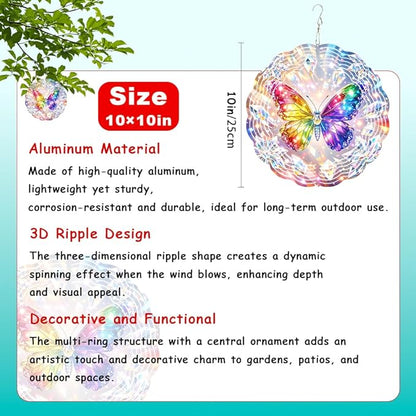 Butterfly Wind Chimes 10 x 10 Inch Hanging Garden Decor with Crystal Prism Rainbow Wing Design Aluminum Outdoor Yard Art for Patio Balcony Tree Porch Decoration Gift