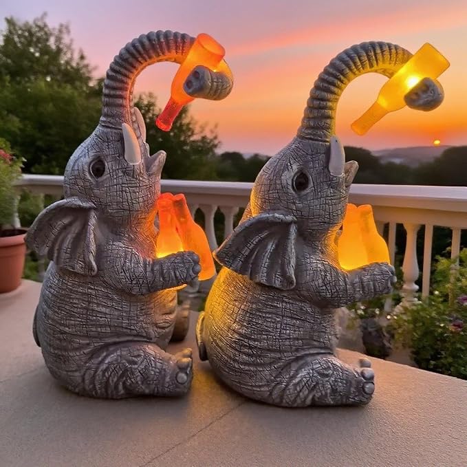 Solar Elephant Outdoor Statues for Garden Suitable for Courtyard Art Lawn Ornaments Porch Terrace Balcony Home - Birthday Gifts for Grandma Mom Women (Yellow Wine Bottle)