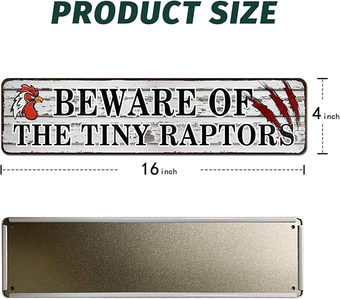 Chicken Coop Sign, Beware of The Tiny Raptors Sign, Funny Chicken Warning Sign, Home Kitchen Rooster Hen House Indoor Outdoor Decor, Funny Gag Gift for Chicken Fan Lovers, 4"x16"
