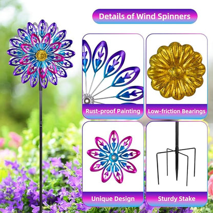 360°Metal Wind Spinner Outdoor,4 Layers Kinetic Wind Sculptures & Spinners with 5-Prond Metal Stake for Yard Patio Lawn Garden Decor